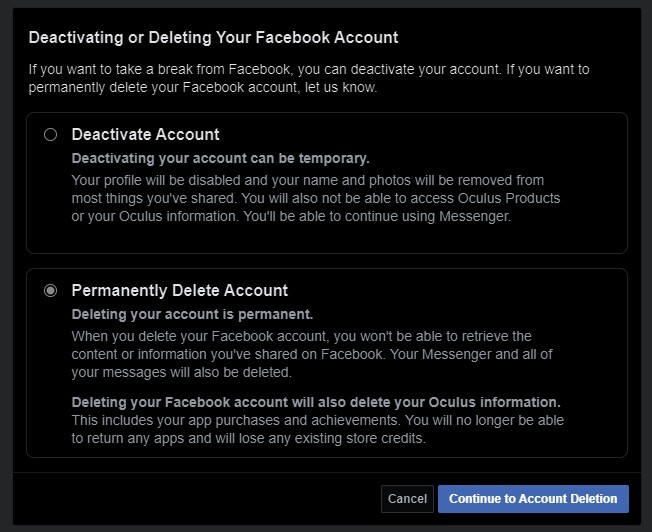 Удаление вашей учетной записи Facebook также приведет к удалению вашей информации Oculus