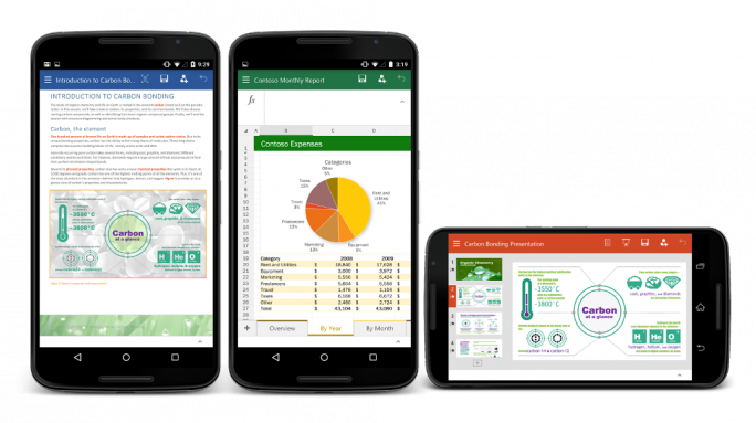 Word, Excel, and PowerPoint are now available for Android Smartphones. (Image: Microsoft)