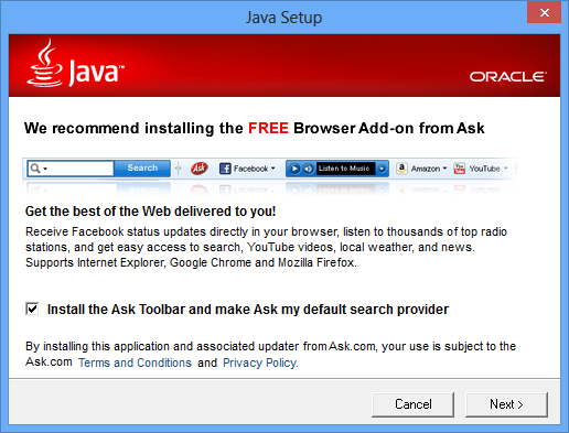 The first Dialog for the Java Installation. Source: ZDNet.com