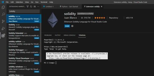 Smart contracts in the blockchain can also be developed with Visual Studio code.