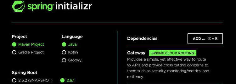 Creating the gateway service in the Initializr.