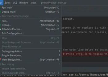 Starting the debugging process in the JetBrains development environment PyCharm.
