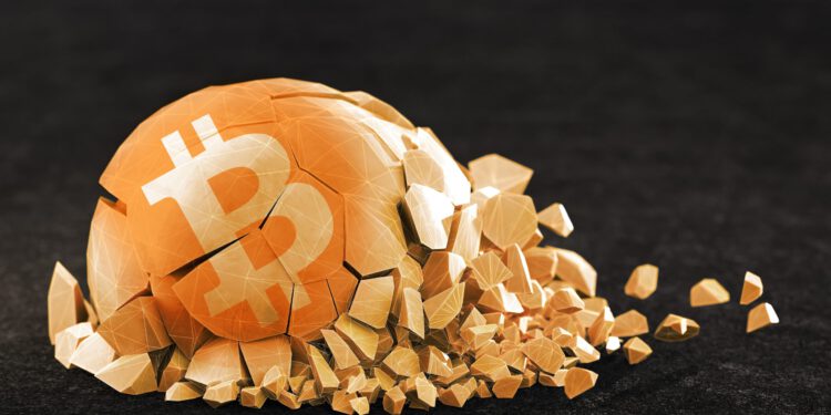 Bitcoin ist tot darstellung durch einen zerschmetterten ball mit dem btc zeichen