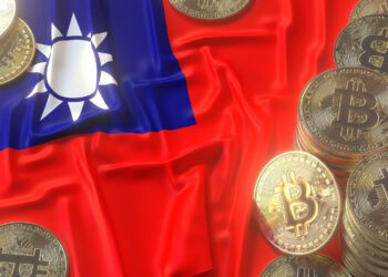 Taiwan-Flagge neben Bitcoin-Haufen.