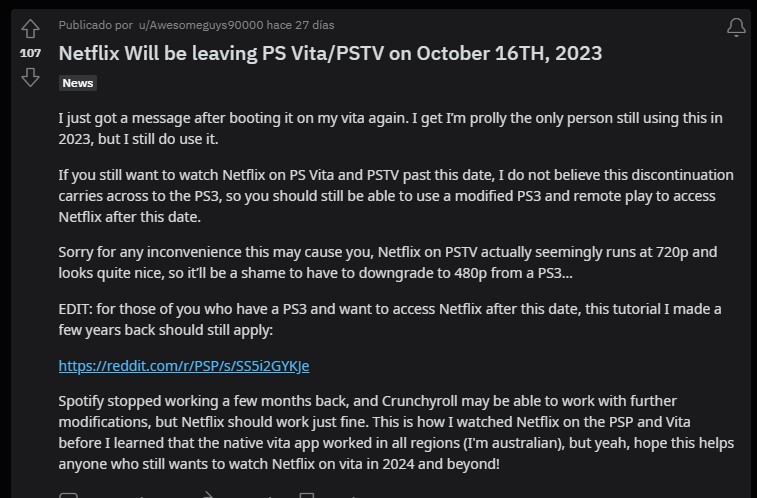 Netflix will stop working on the PS Vita