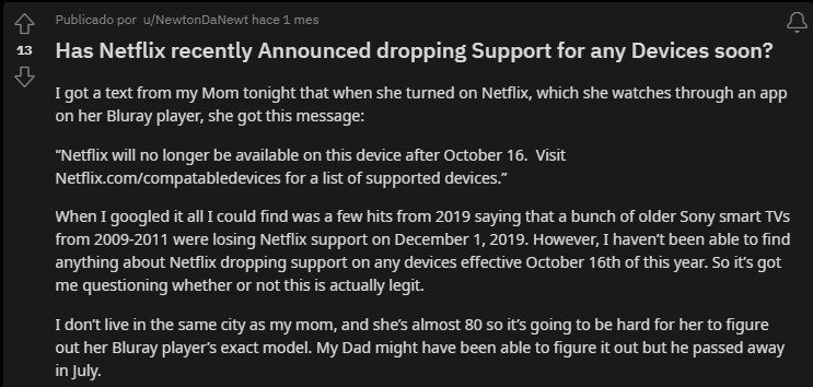 Users report on Reddit the discontinuation of Netflix